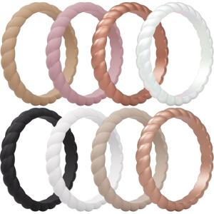 imageThunderFit Womens Thin Swivel Silicone Wedding Bands Stackable Rubber Engagement Rings 25mm Wide 2mm Thick  1481012 Variety MultipackPack Q Pale Taupe  Rose Taupe  Rosy Copper Metallic  Rose Pearl  Black  White  Doeskin  Porcini Metallic