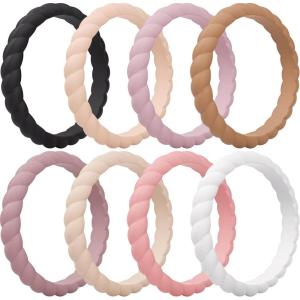 imageThunderFit Womens Thin Swivel Silicone Wedding Bands Stackable Rubber Engagement Rings 25mm Wide 2mm Thick  1481012 Variety MultipackPack S Black  Apricot Cream  Muted Lilac  Camel  Muted Blush  Mother of Pearl  Muted Blush  White