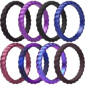 imageThunderFit Womens Thin Swivel Silicone Wedding Bands Stackable Rubber Engagement Rings 25mm Wide 2mm Thick  1481012 Variety MultipackPack W Black and Pink Glitter  Velvet Violet Metallic  Black  Midnight Navy Metallic  Boysenberry Metallic  Galaxy Printed  Galaxy  Maroon Banner