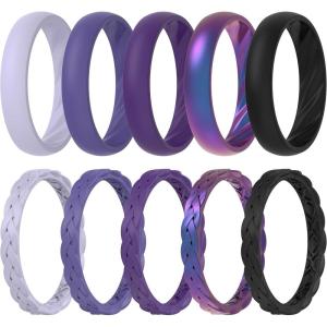 imageThunderFit Silicone Rings for Her  Mix Womens Silicone Wedding Rings 18mm Thick Rubber Engagement Rings Braided ampamp 4mm Classic Rings ComboPack A Purple Heather  Liberty  Prism Violet  Galaxy  Black