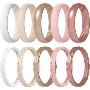 imageThunderFit Silicone Rings for Her  Mix Womens Silicone Wedding Rings 18mm Thick Rubber Engagement Rings Braided ampamp 4mm Classic Rings ComboPack B White  Mother of Pearl  Sand Metallic  Powder Pink  Rosette Metallic
