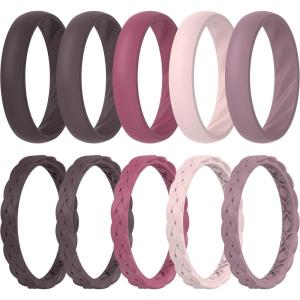 imageThunderFit Silicone Rings for Her  Mix Womens Silicone Wedding Rings 18mm Thick Rubber Engagement Rings Braided ampamp 4mm Classic Rings ComboPack D Fudge  Winetasting  Malaga  Crystal Pink  Dusky Orchid