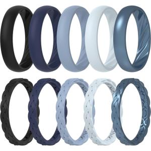 imageThunderFit Silicone Rings for Her  Mix Womens Silicone Wedding Rings 18mm Thick Rubber Engagement Rings Braided ampamp 4mm Classic Rings ComboPack E Black  Dress Blues  Rain Washed  Pale Aqua  Paynes Gray