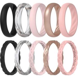 imageThunderFit Silicone Rings for Her  Mix Womens Silicone Wedding Rings 18mm Thick Rubber Engagement Rings Braided ampamp 4mm Classic Rings ComboPack F Black  Marble C  Crystal Pink  Toast Metallic  Middle Red
