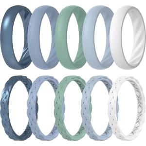 imageThunderFit Silicone Rings for Her  Mix Womens Silicone Wedding Rings 18mm Thick Rubber Engagement Rings Braided ampamp 4mm Classic Rings ComboPack G Paynes Gray  Rain Washed  Green Sheen  Pale Cornflower Blue  White