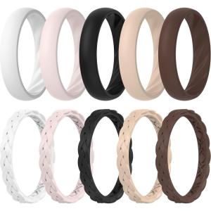 imageThunderFit Silicone Rings for Her  Mix Womens Silicone Wedding Rings 18mm Thick Rubber Engagement Rings Braided ampamp 4mm Classic Rings ComboPack H White  Heavenly Pink  Black  Frappe  Smoke Violet