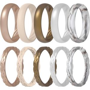 imageThunderFit Silicone Rings for Her  Mix Womens Silicone Wedding Rings 18mm Thick Rubber Engagement Rings Braided ampamp 4mm Classic Rings ComboPack I Sand Metallic  Mother of Pearl  Bronze  Pearl  Marble C
