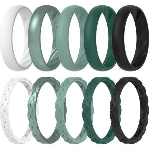 imageThunderFit Silicone Rings for Her  Mix Womens Silicone Wedding Rings 18mm Thick Rubber Engagement Rings Braided ampamp 4mm Classic Rings ComboPack J White  Green Bay Metallic  Feldspar  Galapagos Green  Black