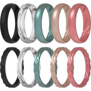 imageThunderFit Silicone Rings for Her  Mix Womens Silicone Wedding Rings 18mm Thick Rubber Engagement Rings Braided ampamp 4mm Classic Rings ComboPack K Black  Marble C  Blue Green  Toast Metallic  Pink A Metallic