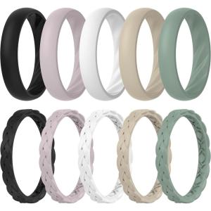 imageThunderFit Silicone Rings for Her  Mix Womens Silicone Wedding Rings 18mm Thick Rubber Engagement Rings Braided ampamp 4mm Classic Rings ComboPack L Black  Cloud Gray  White  Cement  Green Bay
