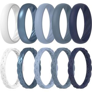 imageThunderFit Silicone Rings for Her  Mix Womens Silicone Wedding Rings 18mm Thick Rubber Engagement Rings Braided ampamp 4mm Classic Rings ComboPack M White  Paynes Gray  Rain Washed  Medium Dark Cyan Blue  Dress Blues