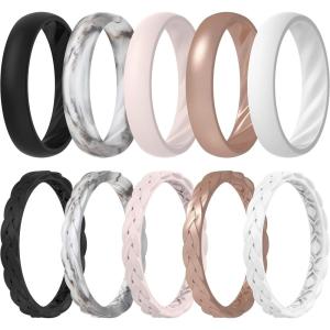 imageThunderFit Silicone Rings for Her  Mix Womens Silicone Wedding Rings 18mm Thick Rubber Engagement Rings Braided ampamp 4mm Classic Rings ComboPack N Black  Marble C  Heavenly Pink  Toast Metallic  White