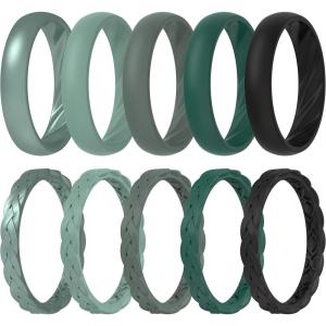 imageThunderFit Silicone Rings for Her  Mix Womens Silicone Wedding Rings 18mm Thick Rubber Engagement Rings Braided ampamp 4mm Classic Rings ComboPack O Green Bay Metallic  Feldspar  Laurel Wreath  Galapagos Green  Black