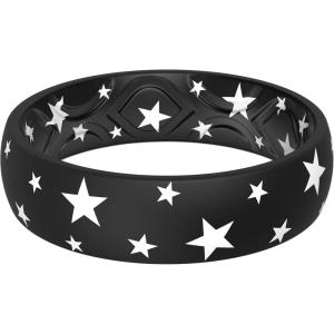 imageThunderFit Silicone Wedding Rings for Women Printed Design Breathable Rubber Engagement Bands 55mm Wide 18mm ThickPack F Black Star