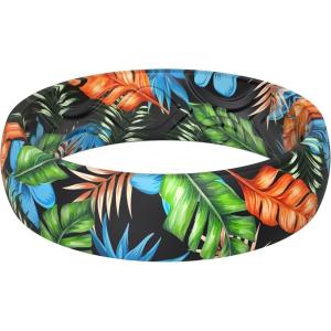 imageThunderFit Silicone Wedding Rings for Women Printed Design Breathable Rubber Engagement Bands 55mm Wide 18mm ThickPack I BlackGreen Tropical