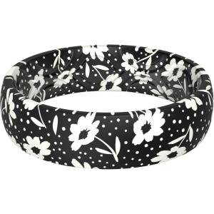imageThunderFit Silicone Wedding Rings for Women Printed Design Breathable Rubber Engagement Bands 55mm Wide 18mm ThickPack J BlackWhite Floral