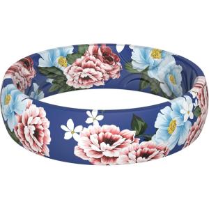 imageThunderFit Silicone Wedding Rings for Women Printed Design Breathable Rubber Engagement Bands 55mm Wide 18mm ThickPack L Flowers on Blue Background