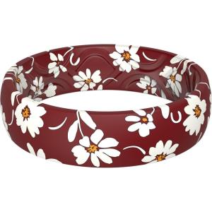 imageThunderFit Silicone Wedding Rings for Women Printed Design Breathable Rubber Engagement Bands 55mm Wide 18mm ThickWhiteRed Floral