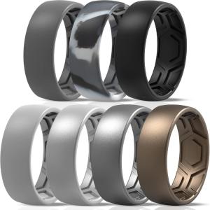 imageThunderFit Mens Patterned Silicone Rings 8mm Wide 22mm Thick Rubber BandsVariety Multipack 147Pack K Charcoal Black  Lead Grey  Grey Camo  Iron Grey  Metallic Bronze  Dark Silver  Grey Silver