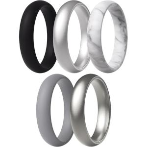 imageThunderFit Silicone Anniversary Rings for Women 55mm Wide 2mm Thick Wedding Rubber Bands Variety Multipack 112Pack F Royal Black  White Marble  Moon Dust  Fancy Silver  Midnight Silver