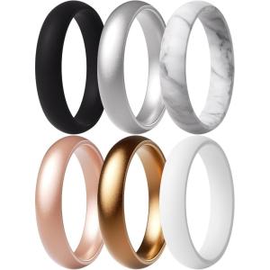 imageThunderFit Silicone Anniversary Rings for Women 55mm Wide 2mm Thick Wedding Rubber Bands Variety Multipack 112Pack Z Rose Gold  Copper Bronze  Royal Black  White Marble  Princess White  Fancy Silver