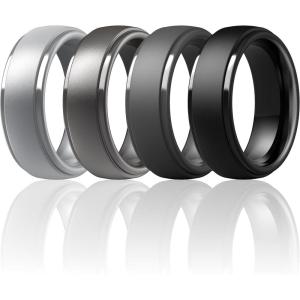 imageThunderFit Silicone Rings for Men  7 Rings  4 Rings  1 Ring Step Edge Rubber Wedding Bands 10mm Wide  25mm ThickPack L Gunmetal  Silver  Black  Dark Grey