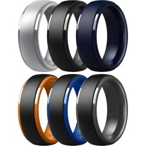 imageThunderFit Silicone Rings for Men  7 Rings  4 Rings  1 Ring Step Edge Rubber Wedding Bands 10mm Wide  25mm ThickPack O Silver B  Black  Dark Blue B  Dark Blue HBlack  Orange EBlack  Grey BBlack