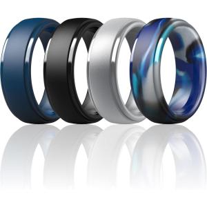 imageThunderFit Silicone Rings for Men  7 Rings  4 Rings  1 Ring Step Edge Rubber Wedding Bands 10mm Wide  25mm ThickPack T Dark Blue  Black  Blue Camo  Silver