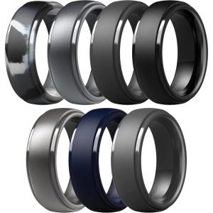 imageThunderFit Silicone Rings for Men  7 Rings  4 Rings  1 Ring Step Edge Rubber Wedding Bands 10mm Wide  25mm ThickPack Z Dark Grey  Very Dark Grey  Black  Dark Grey Camo  Dark Silver  Platinum  Navy Blue