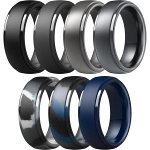 imageThunderFit Silicone Rings for Men  7 Rings  4 Rings  1 Ring Step Edge Rubber Wedding Bands 10mm Wide  25mm ThickPack ZB Black  Dark Gray  Dark Silver  Black Blue Camo  Black Gray Camo  Dark Blue  Brass