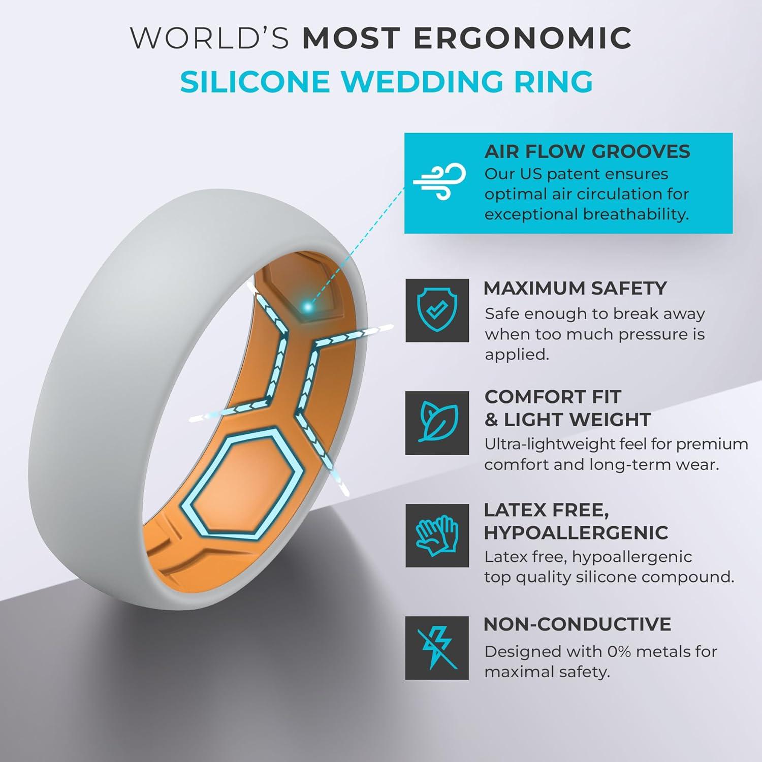 imageThunderFit Silicone Rings for Him and Her Rubber Wedding Engagement Bands Unisex 2mm Thick in 4mm ampamp 8mm Widths Variety Multipack 147Pack L Light Grey COrange E