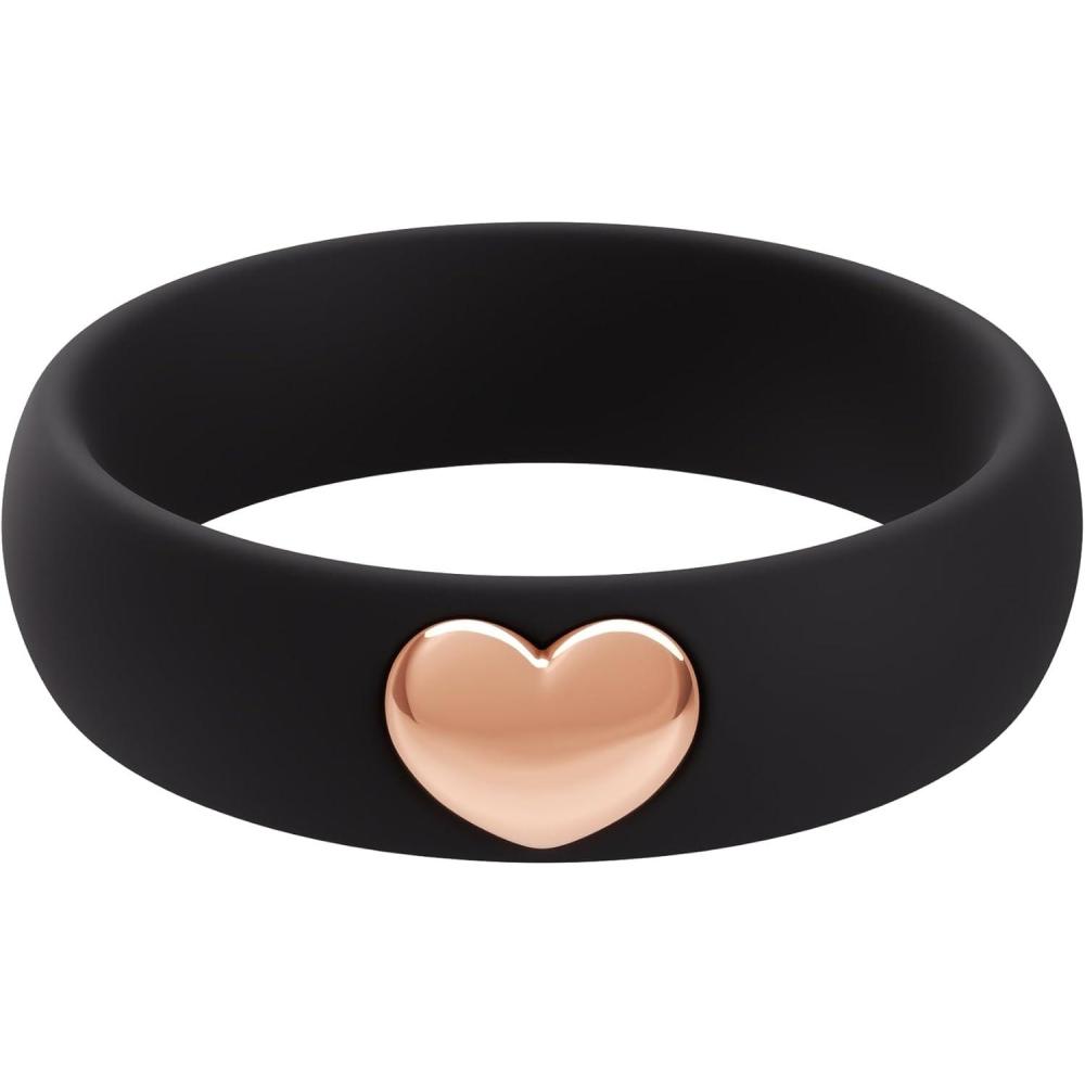 imageThunderFit Silicone Rings for Women Silicone Wedding Band with 14K Gold Plated Heart Charm 55 mm Wide 2mm ThickBlack  Rose Gold