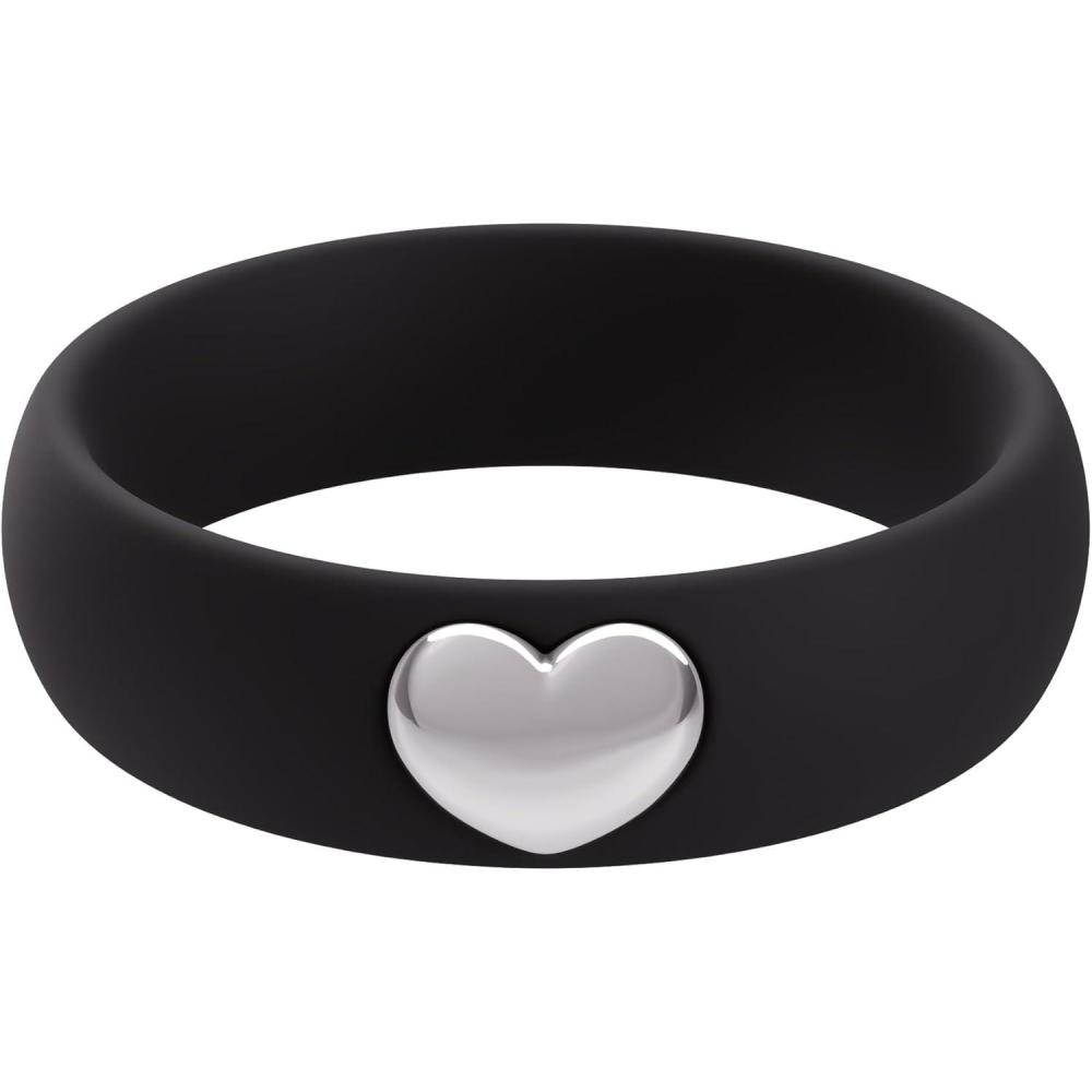 imageThunderFit Silicone Rings for Women Silicone Wedding Band with 14K Gold Plated Heart Charm 55 mm Wide 2mm ThickBlack  White Gold