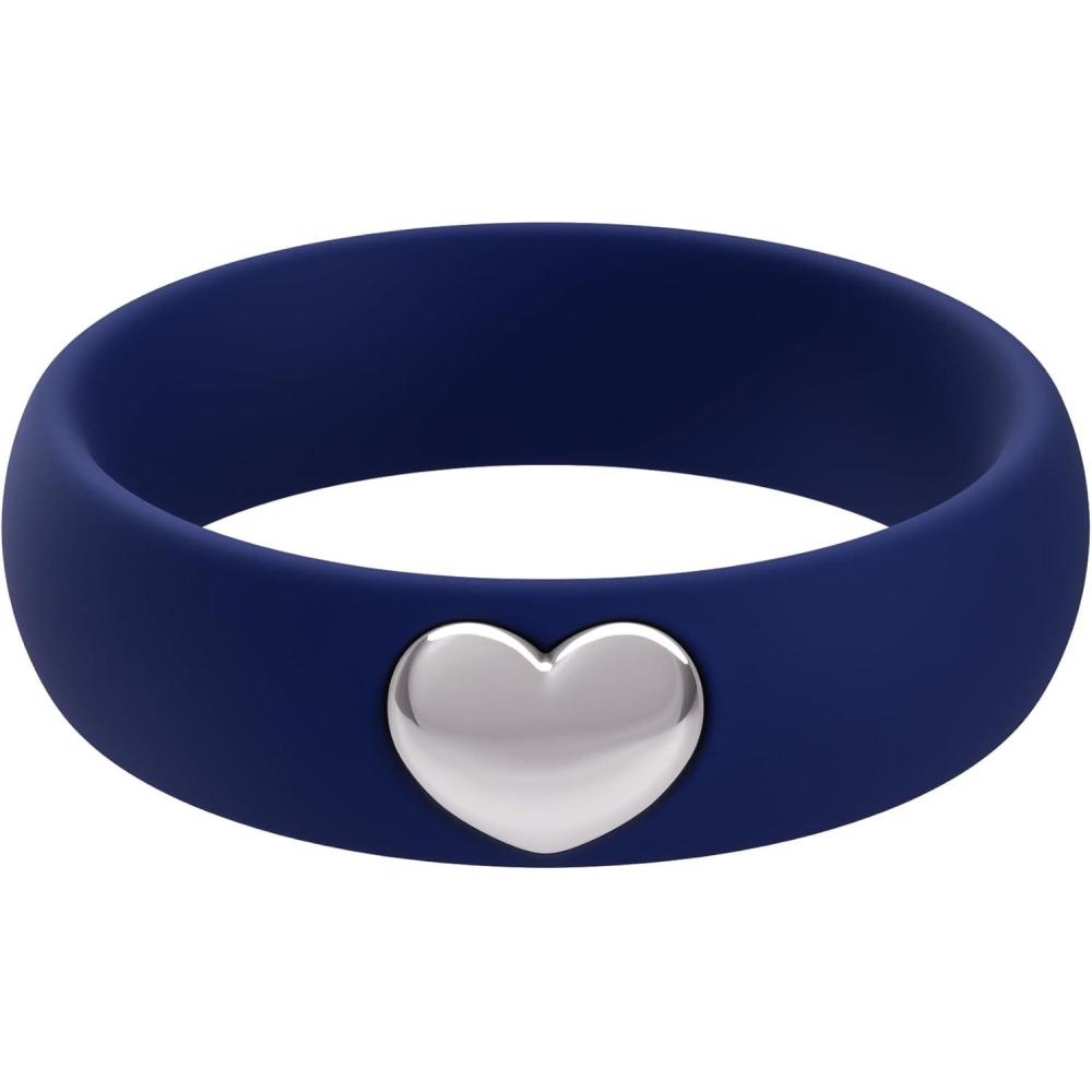 imageThunderFit Silicone Rings for Women Silicone Wedding Band with 14K Gold Plated Heart Charm 55 mm Wide 2mm ThickDark Blue B  White Gold