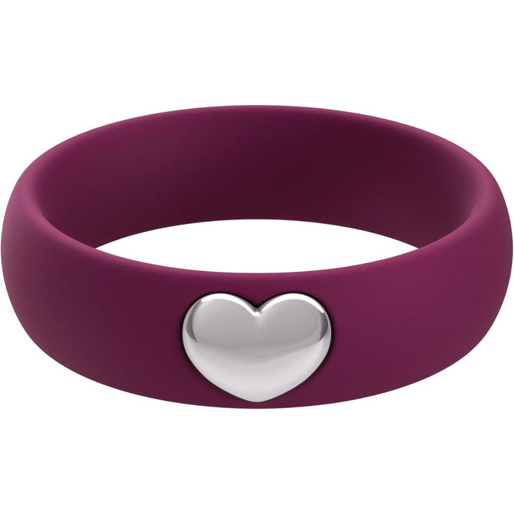 imageThunderFit Silicone Rings for Women Silicone Wedding Band with 14K Gold Plated Heart Charm 55 mm Wide 2mm ThickDark Purple  White Gold