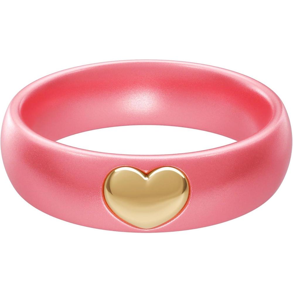 imageThunderFit Silicone Rings for Women Silicone Wedding Band with 14K Gold Plated Heart Charm 55 mm Wide 2mm ThickMetallic Peony Pink  Yellow Gold