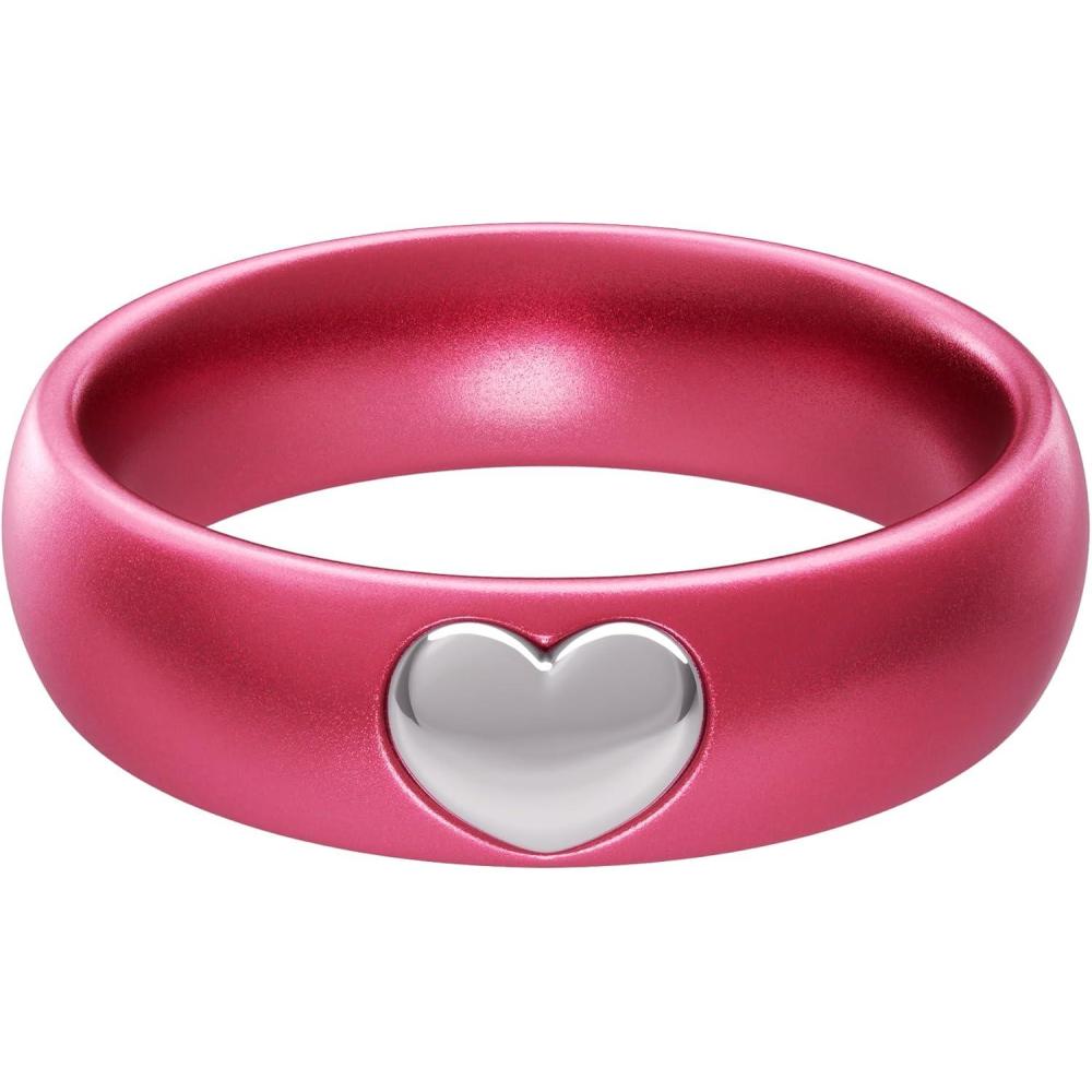 imageThunderFit Silicone Rings for Women Silicone Wedding Band with 14K Gold Plated Heart Charm 55 mm Wide 2mm ThickMetallic Raspberry Red  White Gold