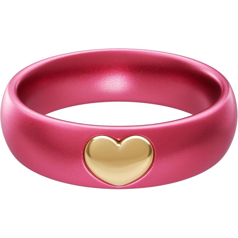 imageThunderFit Silicone Rings for Women Silicone Wedding Band with 14K Gold Plated Heart Charm 55 mm Wide 2mm ThickMetallic Raspberry Red  Yellow Gold
