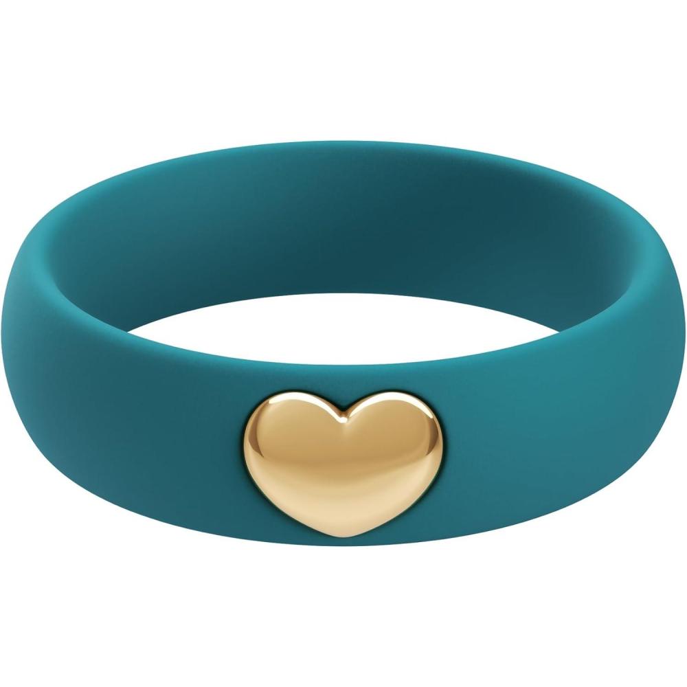 imageThunderFit Silicone Rings for Women Silicone Wedding Band with 14K Gold Plated Heart Charm 55 mm Wide 2mm ThickPagoda Blue  Yellow Gold