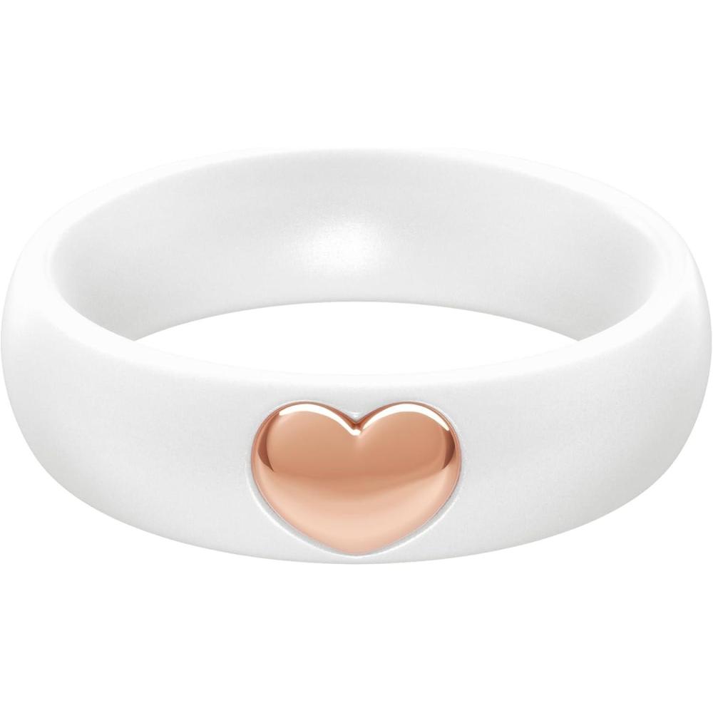 imageThunderFit Silicone Rings for Women Silicone Wedding Band with 14K Gold Plated Heart Charm 55 mm Wide 2mm ThickPearl A  Rose Gold
