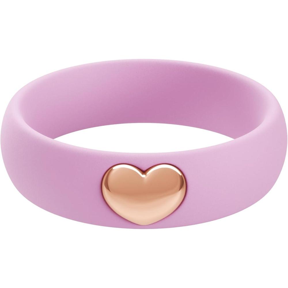 imageThunderFit Silicone Rings for Women Silicone Wedding Band with 14K Gold Plated Heart Charm 55 mm Wide 2mm ThickPink Lavender  Rose Gold