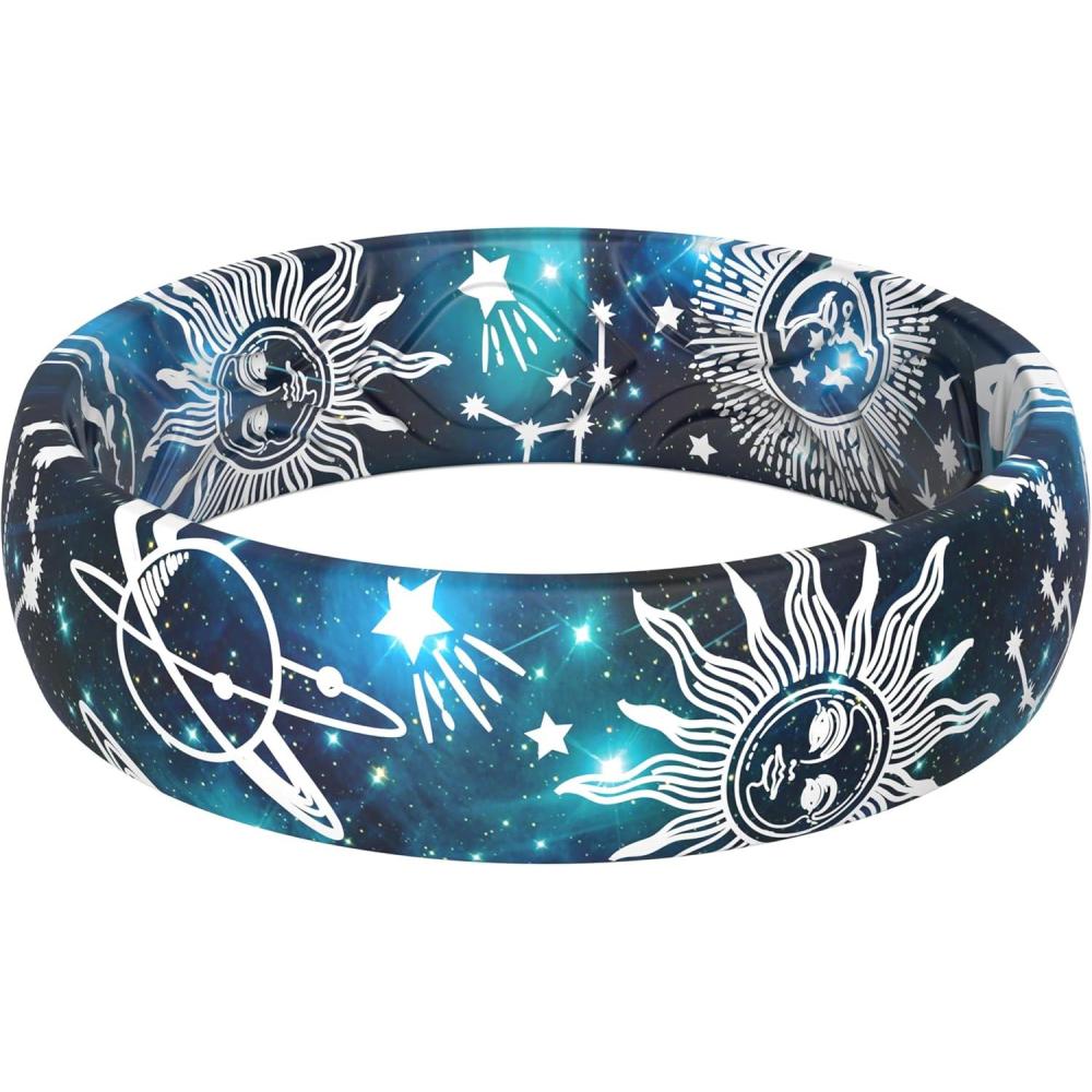 imageThunderFit Silicone Wedding Bands for Women Breathable Printed Design Rubber Engagement Rings 55mm Wide 18mm Thick  1 PackPack K Moonchild Pattern