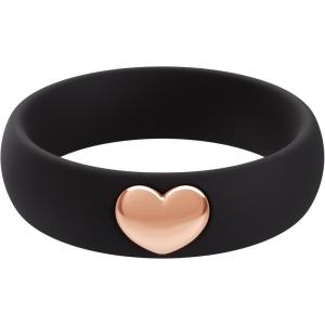 imageThunderFit Silicone Rings for Women Silicone Wedding Band with 14K Gold Plated Heart Charm 55 mm Wide 2mm ThickBlack  Rose Gold