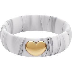 imageThunderFit Silicone Rings for Women Silicone Wedding Band with 14K Gold Plated Heart Charm 55 mm Wide 2mm ThickMarble C  Yellow Gold