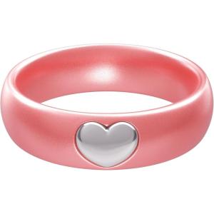 imageThunderFit Silicone Rings for Women Silicone Wedding Band with 14K Gold Plated Heart Charm 55 mm Wide 2mm ThickMetallic Antique Pink  White Gold
