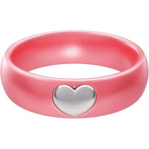 imageThunderFit Silicone Rings for Women Silicone Wedding Band with 14K Gold Plated Heart Charm 55 mm Wide 2mm ThickMetallic Peony Pink  White Gold