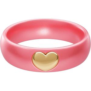 imageThunderFit Silicone Rings for Women Silicone Wedding Band with 14K Gold Plated Heart Charm 55 mm Wide 2mm ThickMetallic Peony Pink  Yellow Gold