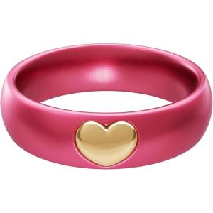 imageThunderFit Silicone Rings for Women Silicone Wedding Band with 14K Gold Plated Heart Charm 55 mm Wide 2mm ThickMetallic Raspberry Red  Yellow Gold