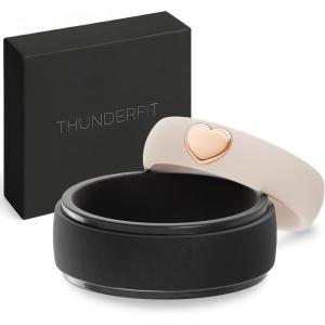 imageThunderFit Silicone Rings for Him and Her Wedding Bands for Couples 2Pack Couples Rubber Engagement Bands with GoldPlated Accents Gift Box IncludedDoeskin  Rose Gold W  Black M