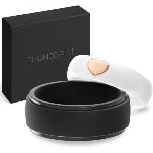 imageThunderFit Silicone Rings for Him and Her Wedding Bands for Couples 2Pack Couples Rubber Engagement Bands with GoldPlated Accents Gift Box IncludedPearl  Rose Gold W  Black M